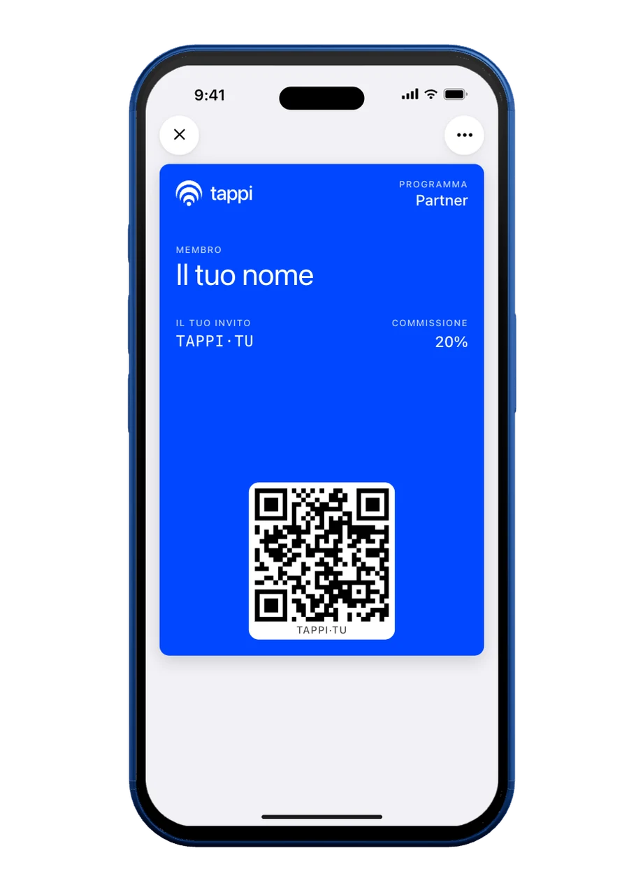 Un iPhone con Apple Wallet aperto sulla carta TAPPI Partner