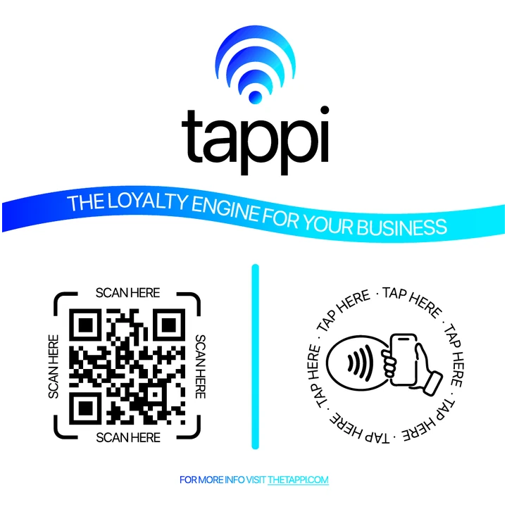 TAPPI chip with NFC and a QR code: "Tap here" and "Scan here"